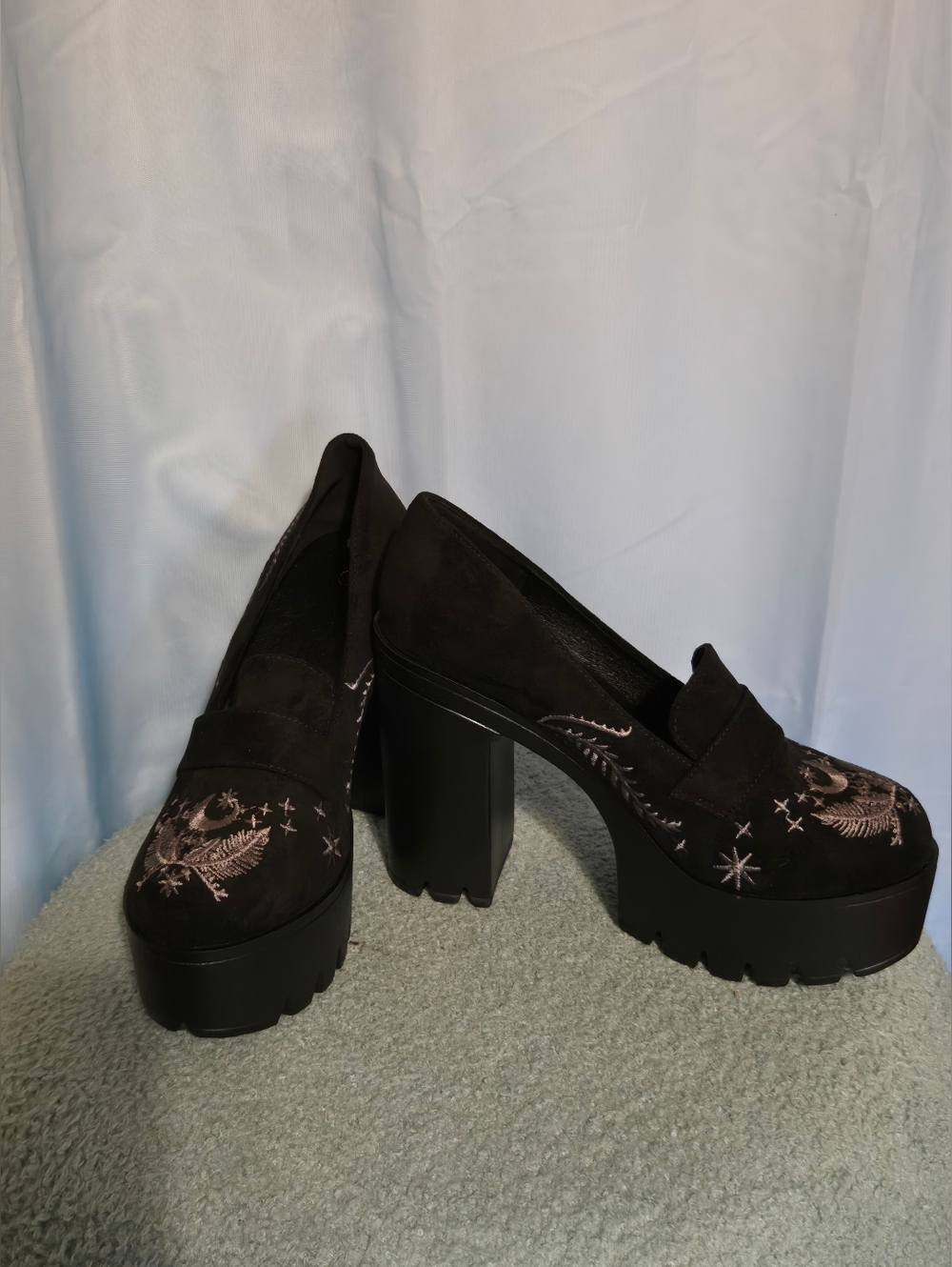 Black Embroidered Platform Loafers - Women's